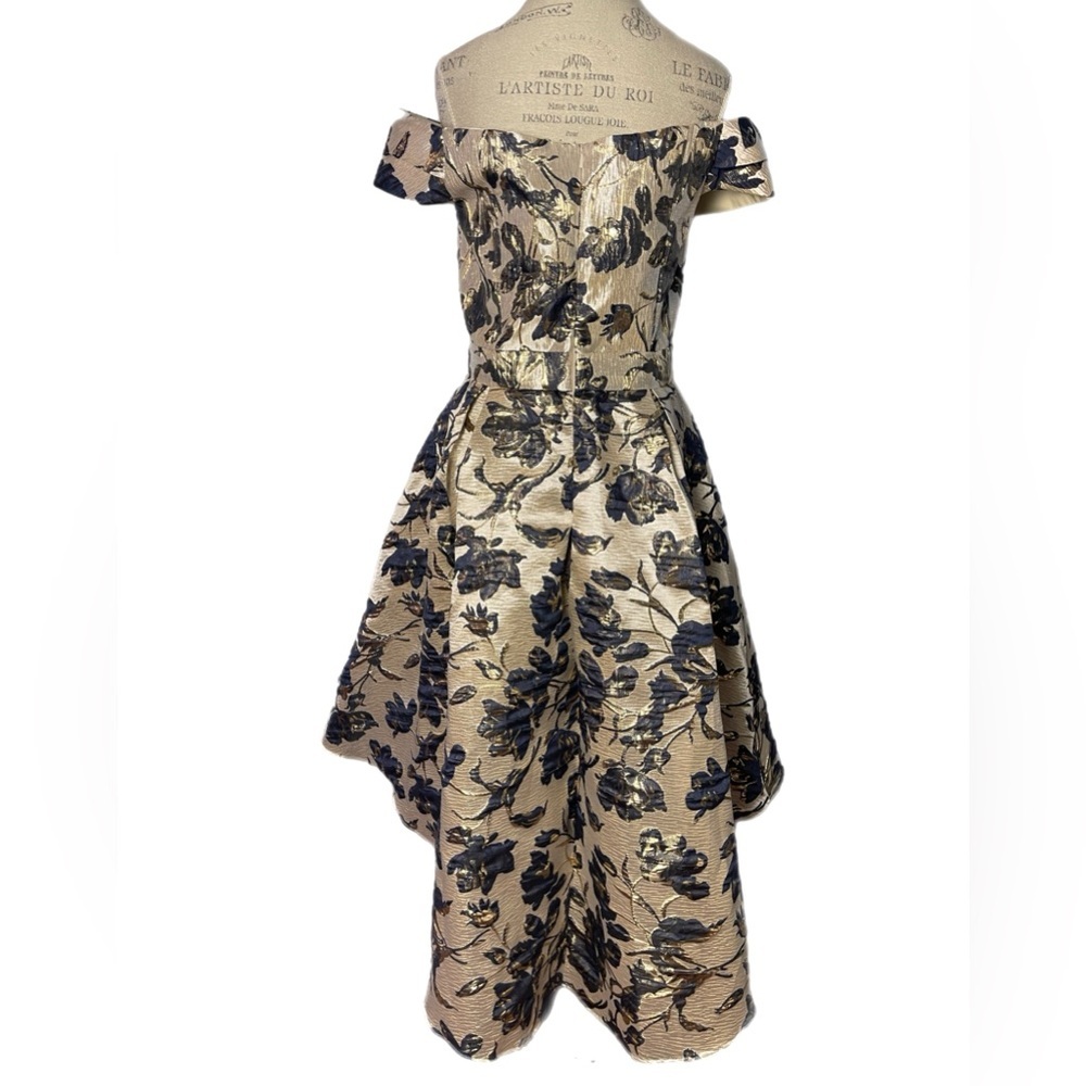 Oleg Cassini Elegant Off-Shoulder High Low Metallic Brocade Dress Size 14W - Picture 4 of 6
